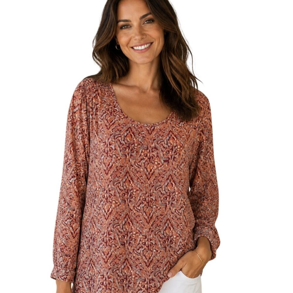 Max Studio 100% Silk Top Womens Medium Mauve Multicolor Abstract Career Blouse
